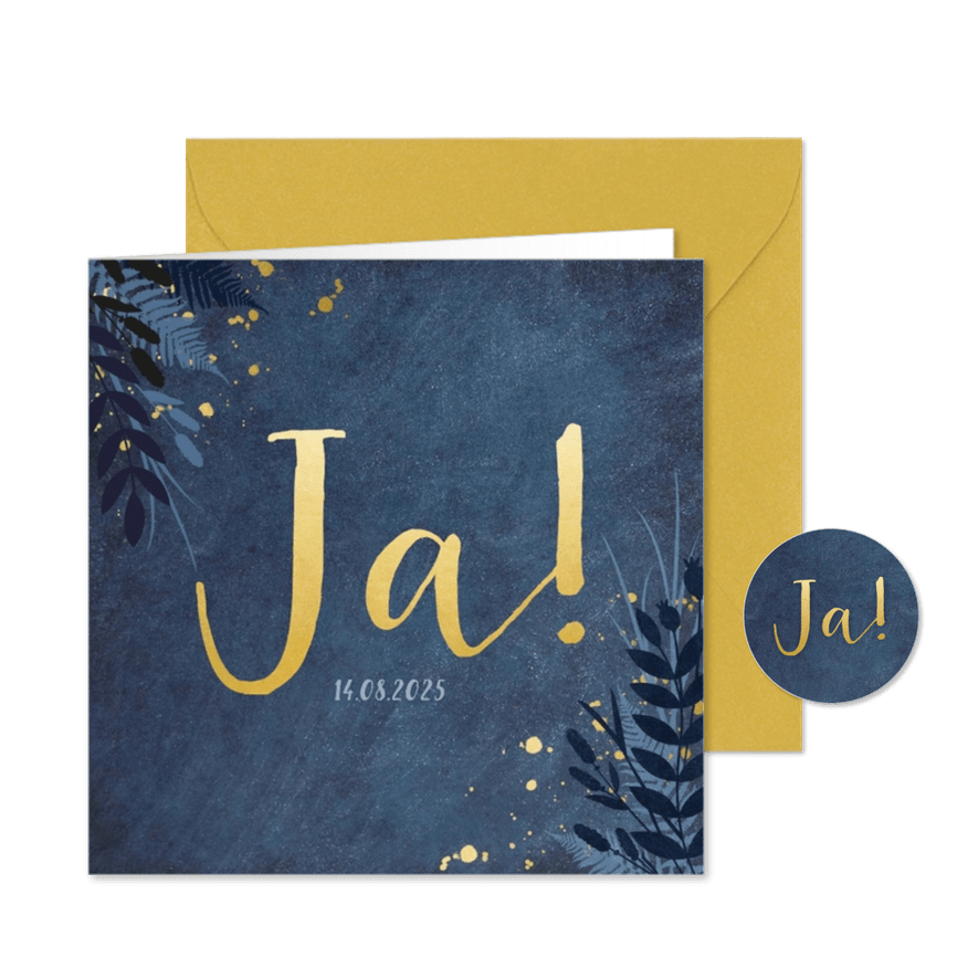 Stijlvolle donkerblauwe trouwkaart met gouden ja en bloemen - Kaartimpressie
