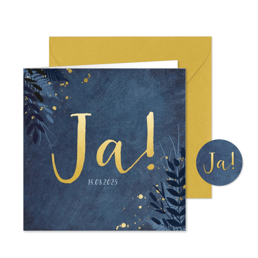 Stijlvolle donkerblauwe trouwkaart met gouden ja en bloemen - Kaartimpressie