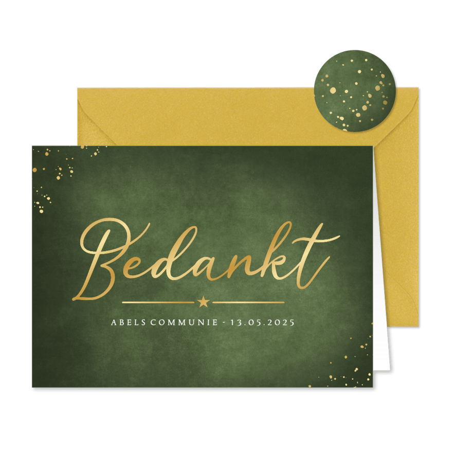 Stijlvolle donkergroene liggende bedankkaart communie - Kaartimpressie