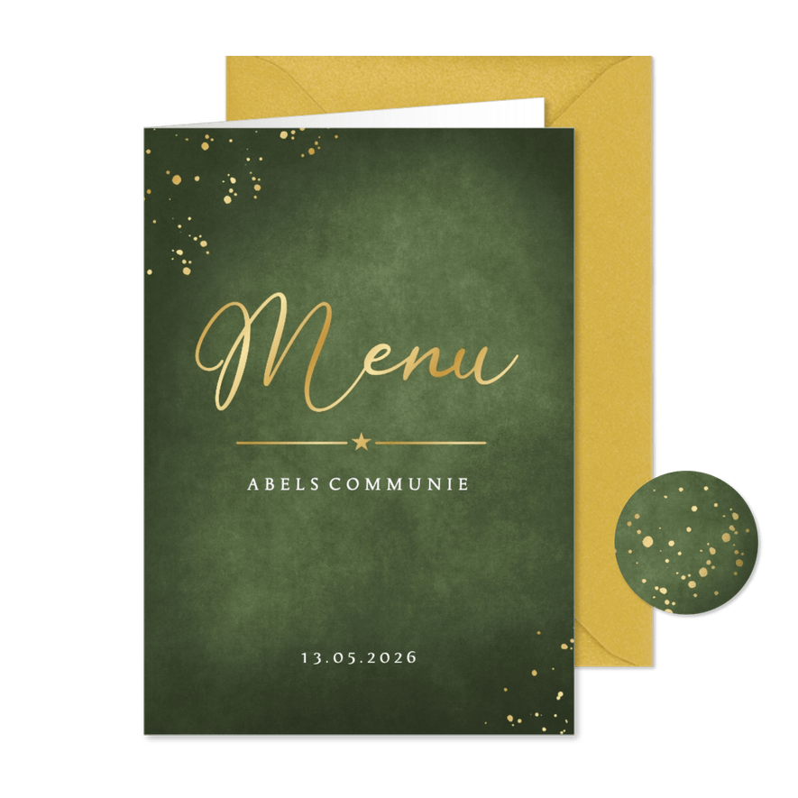 Stijlvolle donkergroene menukaart met goudlook spetters - Kaartimpressie