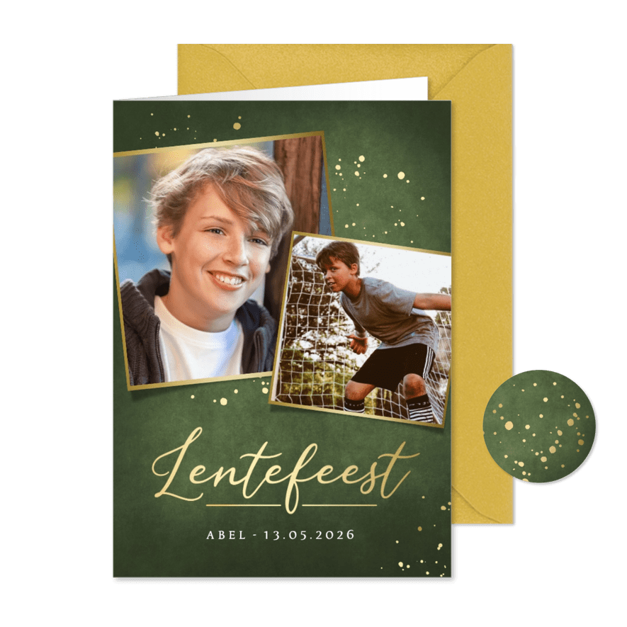 Stijlvolle donkergroene uitnodiging lentefeest met 2 foto's - Kaartimpressie