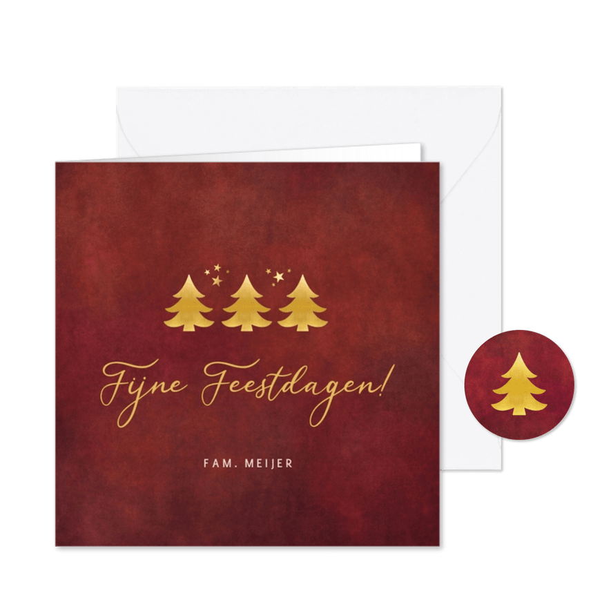 Stijlvolle donkerrode kerstkaart met 3 gouden kerstbomen - Kaartimpressie