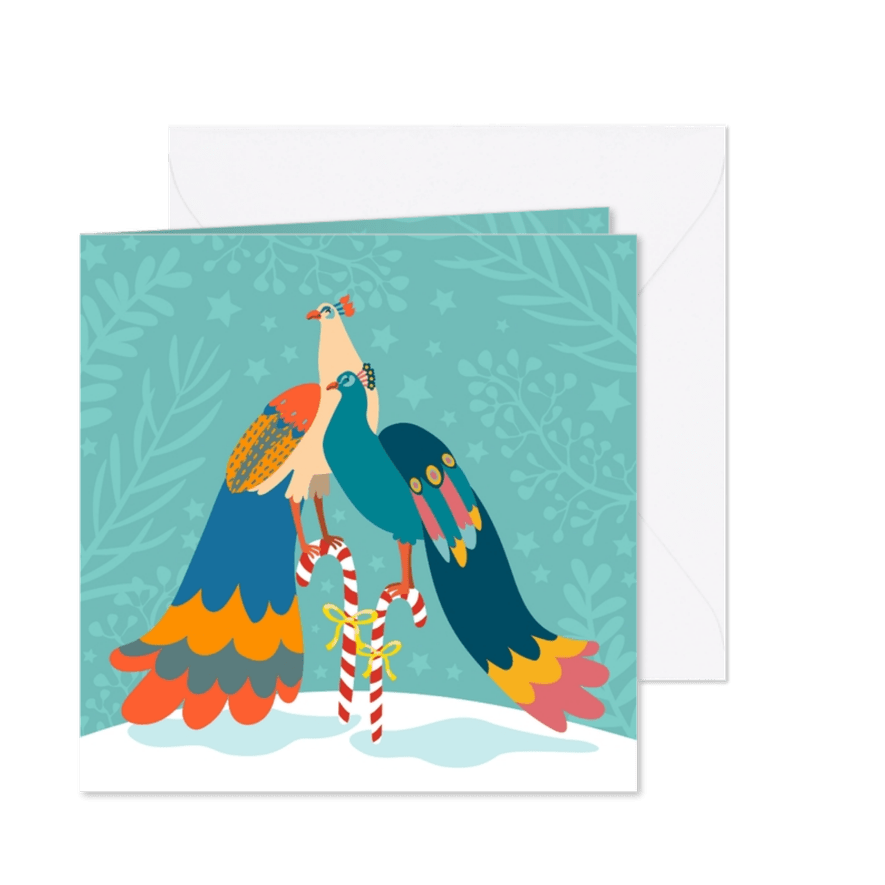 Stijlvolle en kleurrijke kerstkaart met pauwen - Kaartimpressie