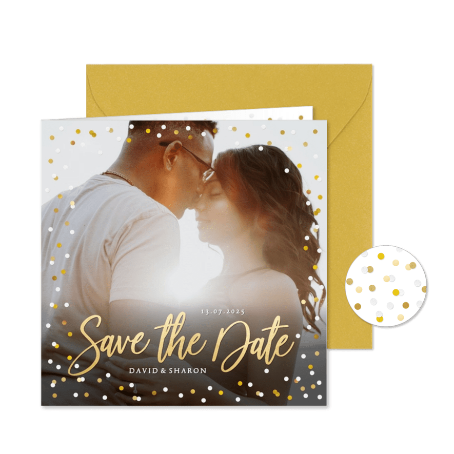 Stijlvolle feestelijke Save the Date kaart met eigen foto - Kaartimpressie