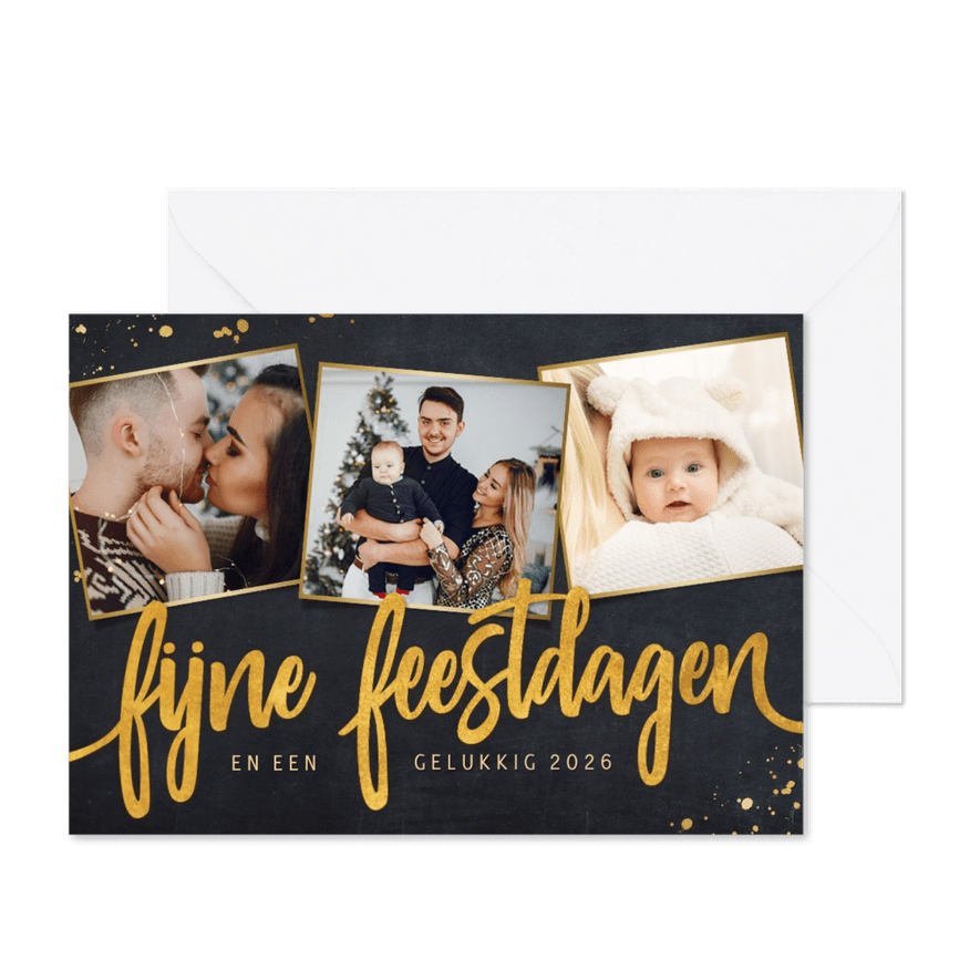 Stijlvolle feestelijke zwarte kerstkaart met 3 foto's - Kaartimpressie