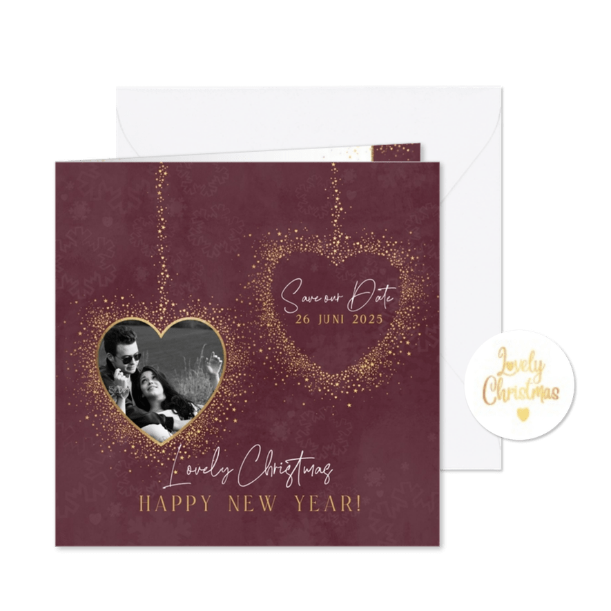 Stijlvolle foto kerst save the date kaart kerstbal hartjes - Kaartimpressie
