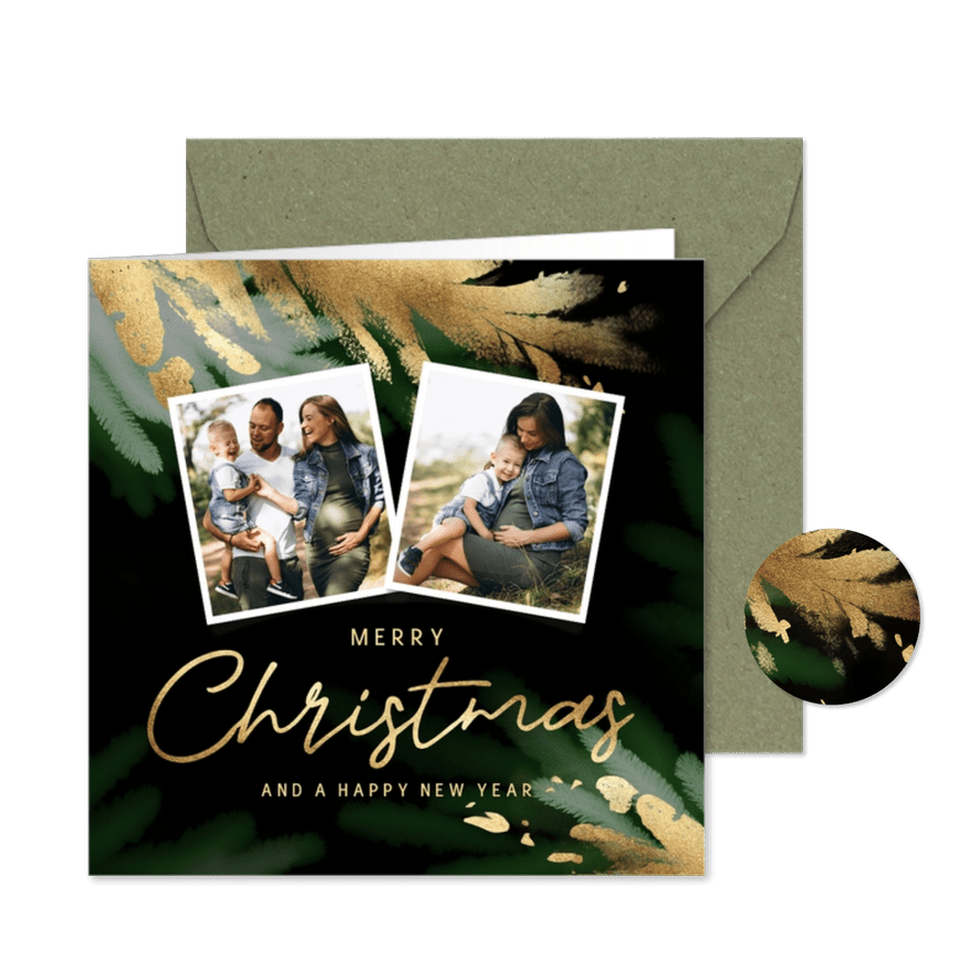 Stijlvolle foto kerstkaart goud groene kerstboom - Kaartimpressie