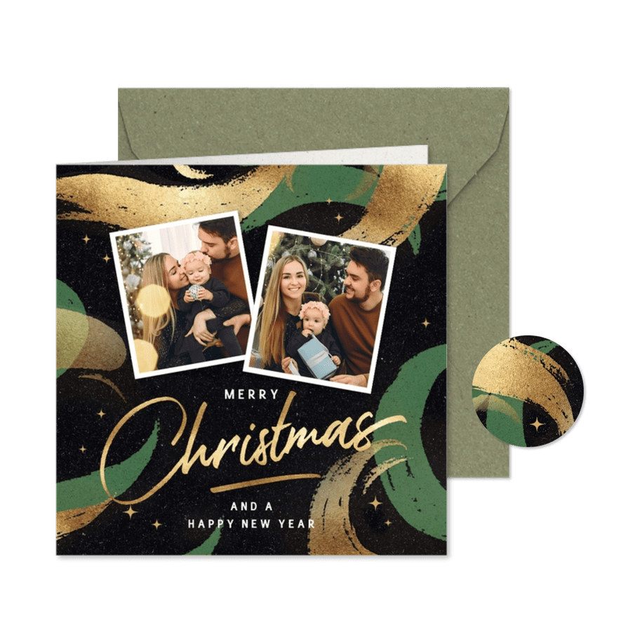 Stijlvolle foto kerstkaart in groen met goud - Kaartimpressie