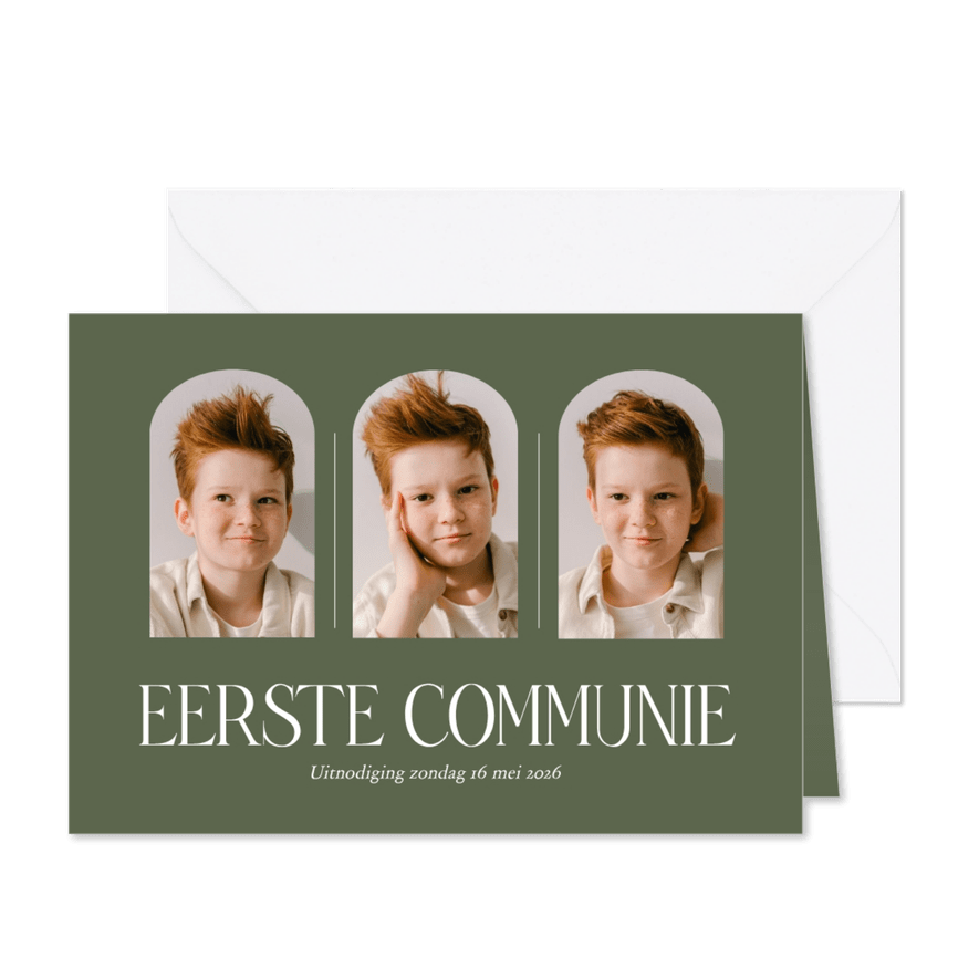 Stijlvolle fotocollage communiekaart olijfgroen - Kaartimpressie