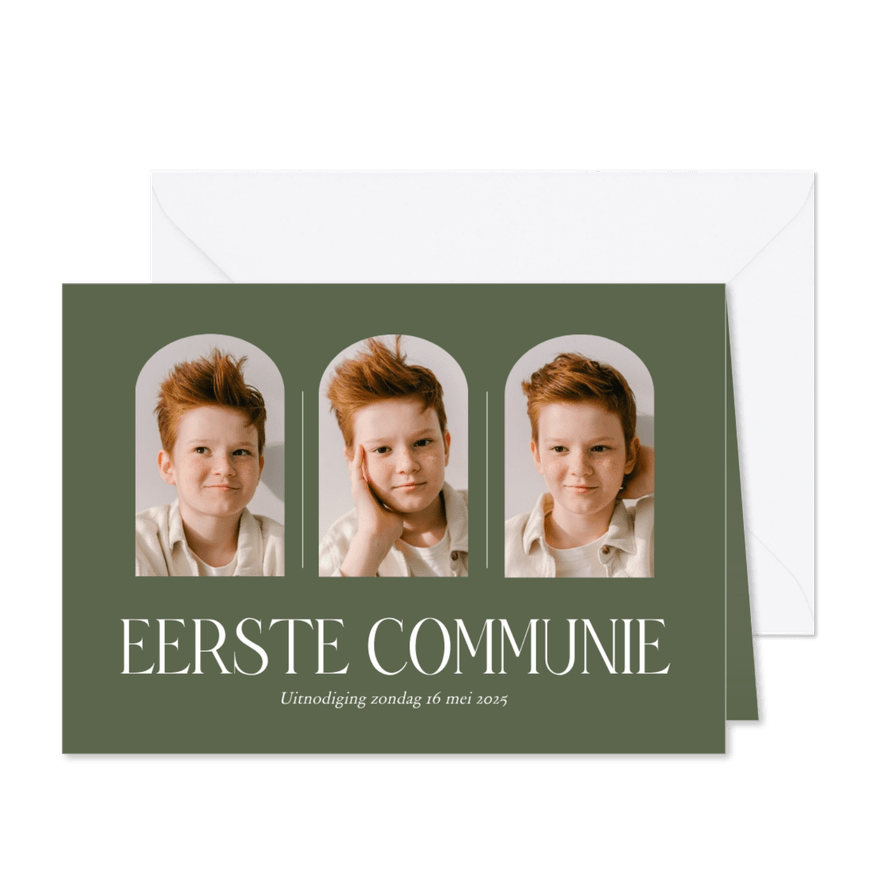 Stijlvolle fotocollage communiekaart olijfgroen - Kaartimpressie