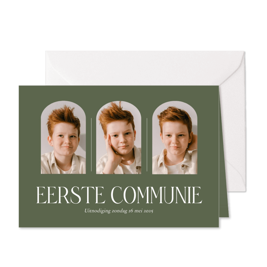 Stijlvolle fotocollage communiekaart olijfgroen - Kaartimpressie
