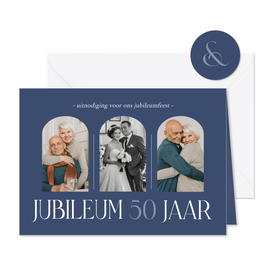 Stijlvolle fotocollage jubileumkaart donkerblauw - Kaartimpressie