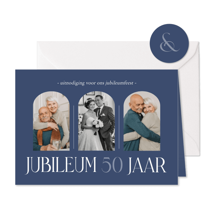 Stijlvolle fotocollage jubileumkaart donkerblauw - Kaartimpressie