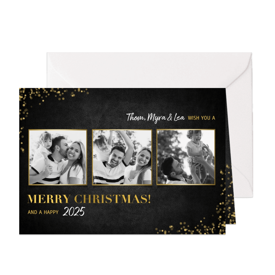 Stijlvolle fotocollage kerstkaart gouden 'merry christmas!' - Kaartimpressie