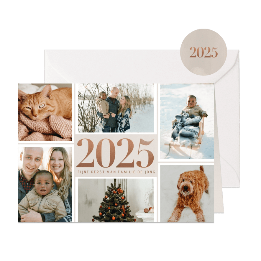 Stijlvolle fotocollage kerstkaart met 2025 in rosé goud - Kaartimpressie