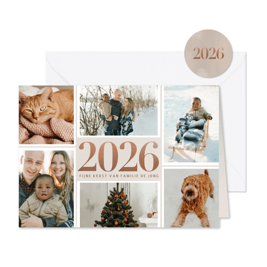 Stijlvolle fotocollage kerstkaart met 2026 in rosé goud - Kaartimpressie