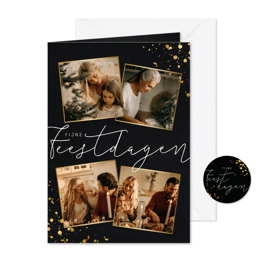 Stijlvolle fotocollage kerstkaart met goud en feestdagen - Kaartimpressie