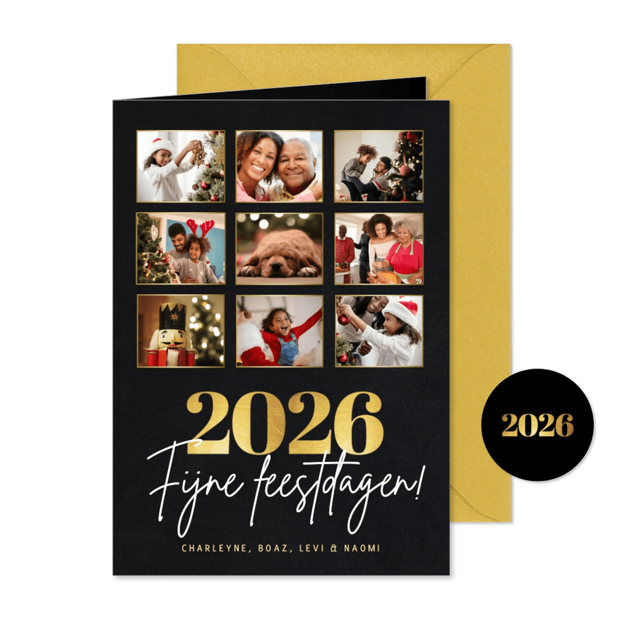 Stijlvolle fotocollage kertskaart met foto's en gouden 2026 - Kaartimpressie