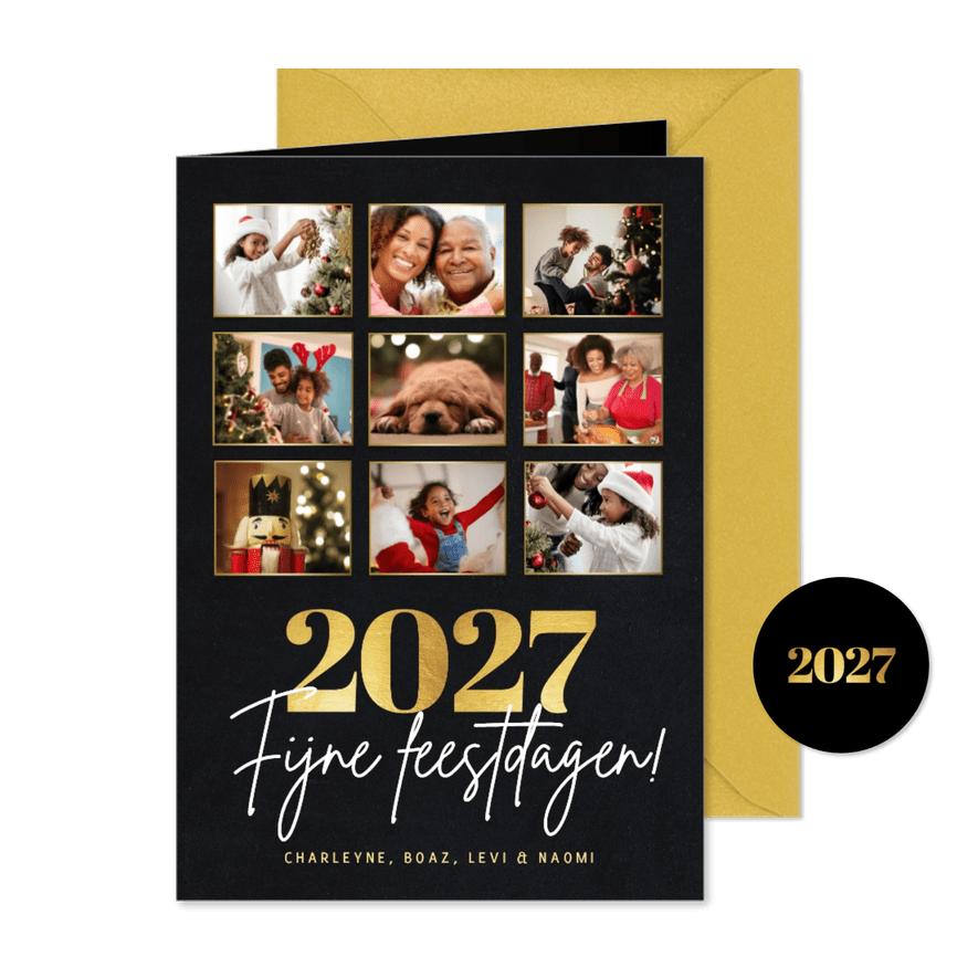 Stijlvolle fotocollage kertskaart met foto's en gouden 2027 - Kaartimpressie