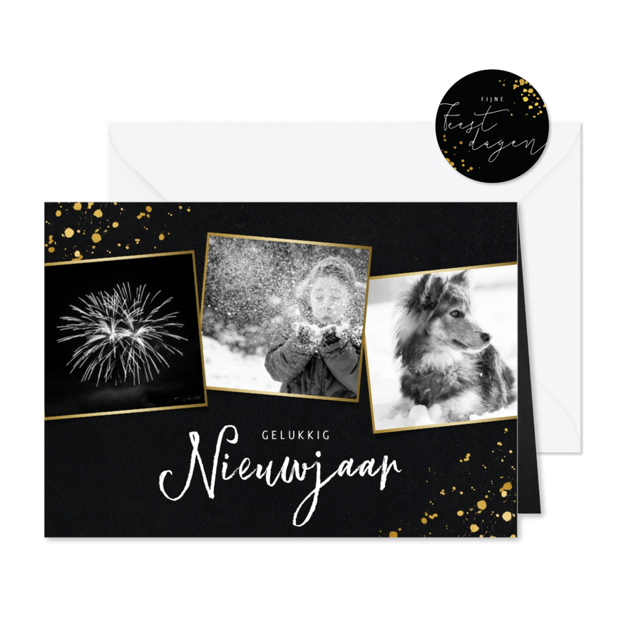 Stijlvolle fotocollage nieuwjaarskaart met zwart/wit foto's - Kaartimpressie