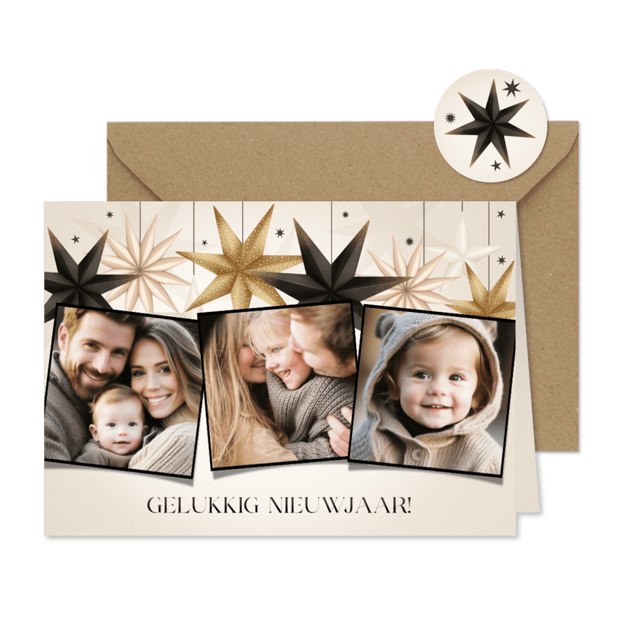Stijlvolle fotocollage nieuwjaarskaart papieren kerststerren - Kaartimpressie