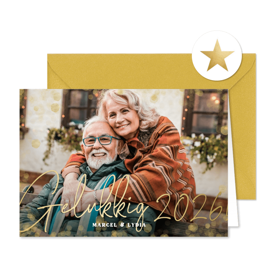 Stijlvolle fotokaart voor nieuwjaar met goudlook letters - Kaartimpressie