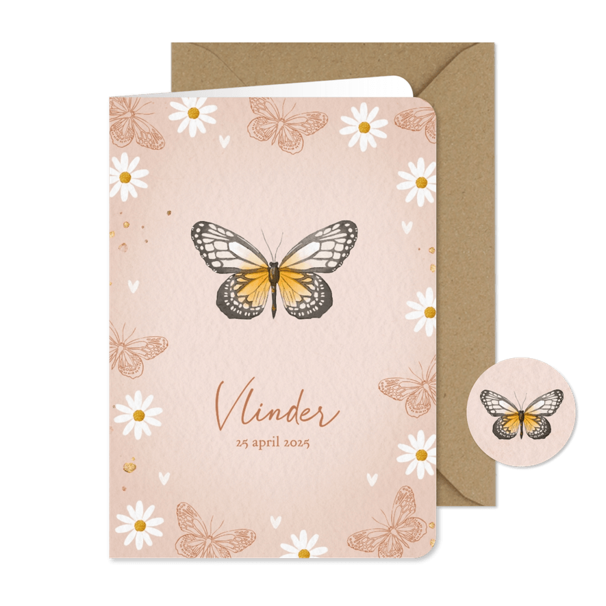 Stijlvolle geboortekaart met vlinders en madeliefjes - Kaartimpressie