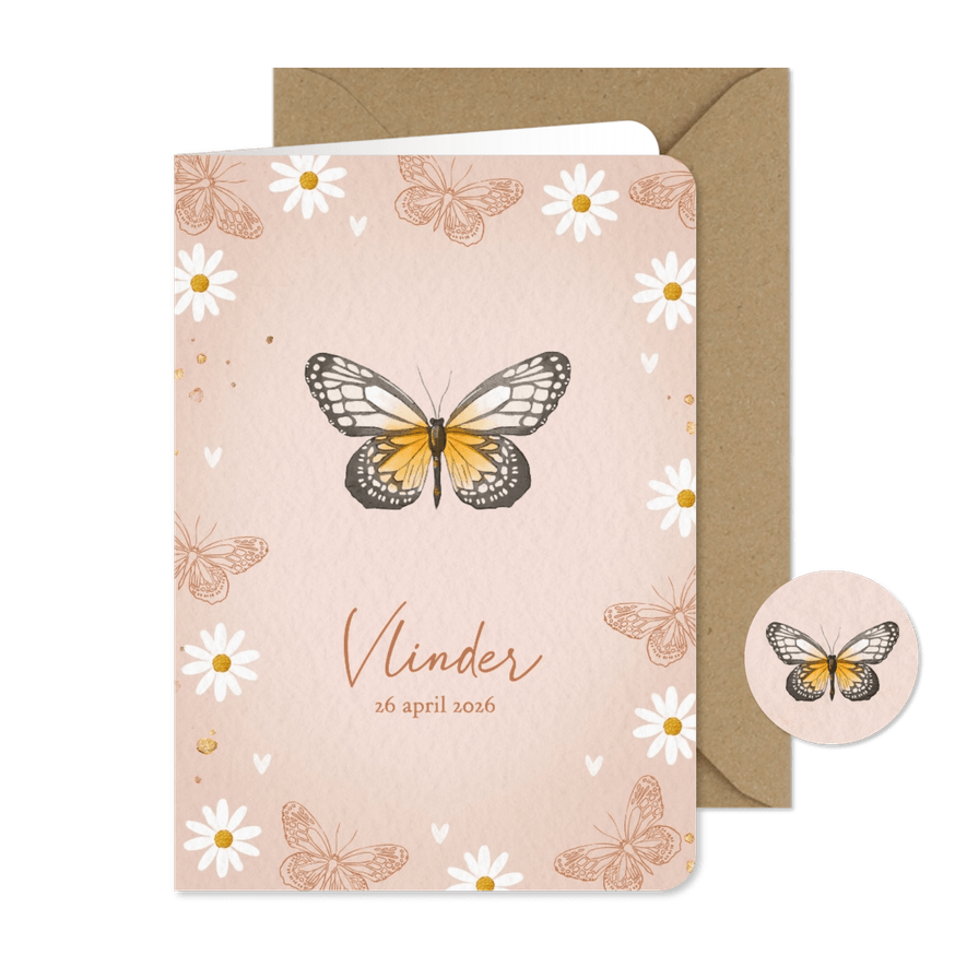 Stijlvolle geboortekaart met vlinders en madeliefjes - Kaartimpressie