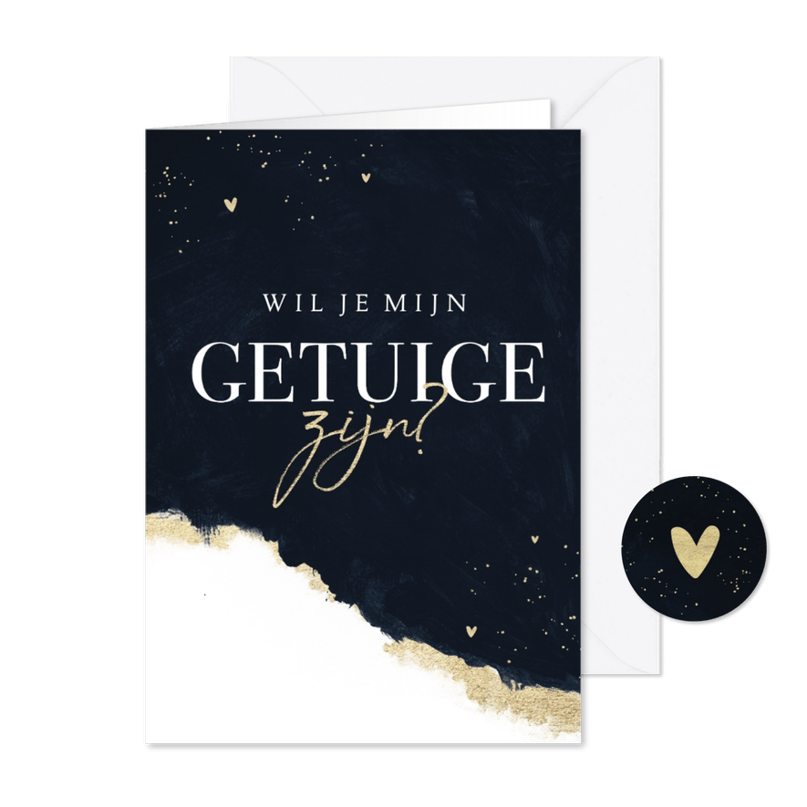 Stijlvolle getuige trouwkaart met inkt verf en goud - Kaartimpressie