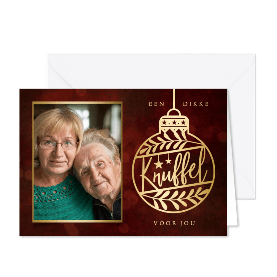 Stijlvolle goudlook kerstknuffel kerstbal kaart met foto - Kaartimpressie