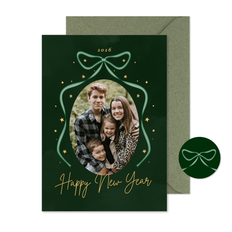 Stijlvolle groene nieuwjaarskaart met foto en strik sterren - Kaartimpressie