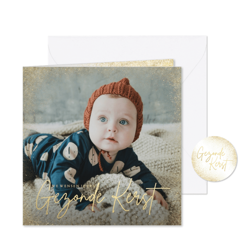 Stijlvolle grote foto kerstkaart en gezonde kerst goudlook - Kaartimpressie