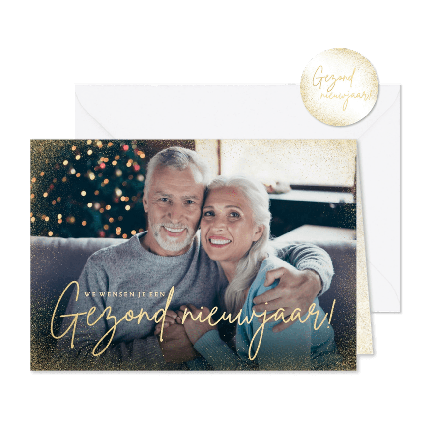 Stijlvolle grote foto nieuwjaarskaart gezond nieuwjaar goud - Kaartimpressie