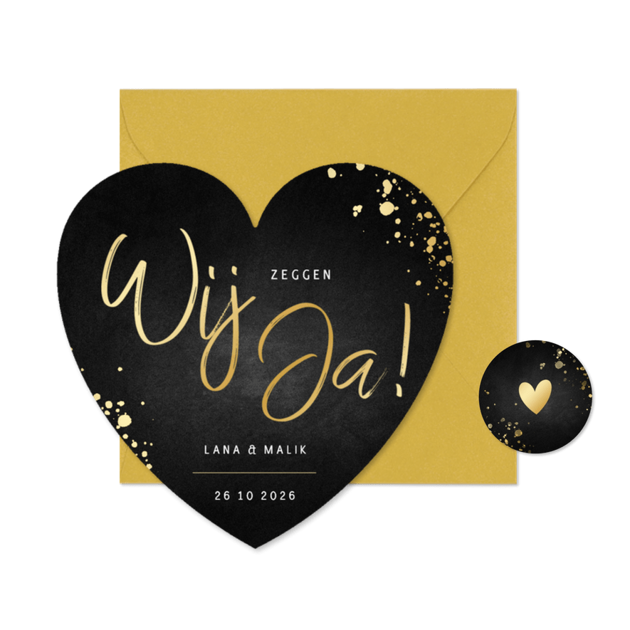 Stijlvolle hartvorm trouwkaart goud met spetters krijtbord - Kaartimpressie