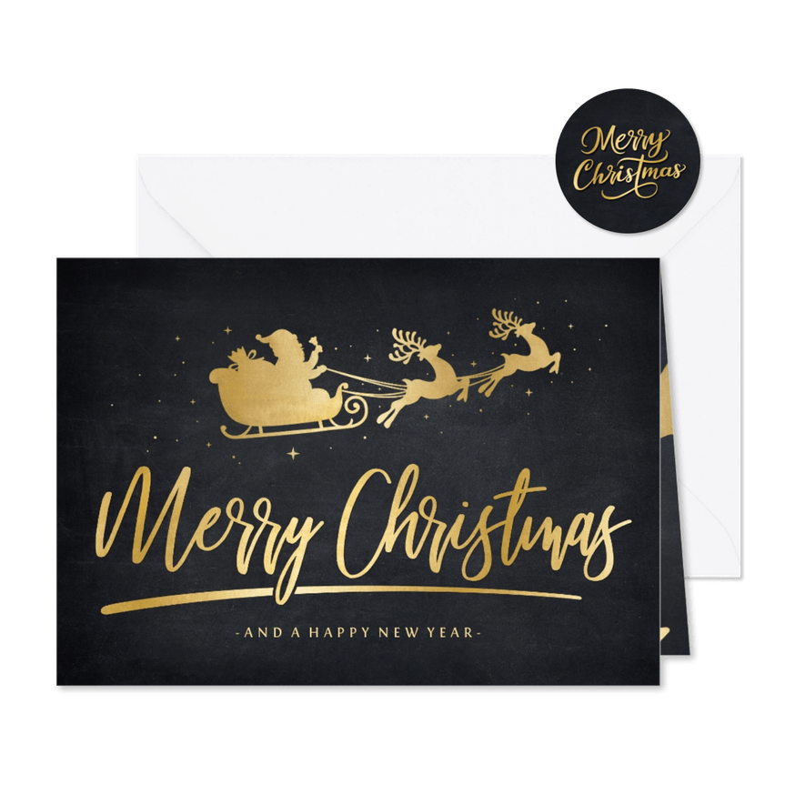 Stijlvolle hippe kerstkaart met gouden kerstman in arrenslee - Kaartimpressie