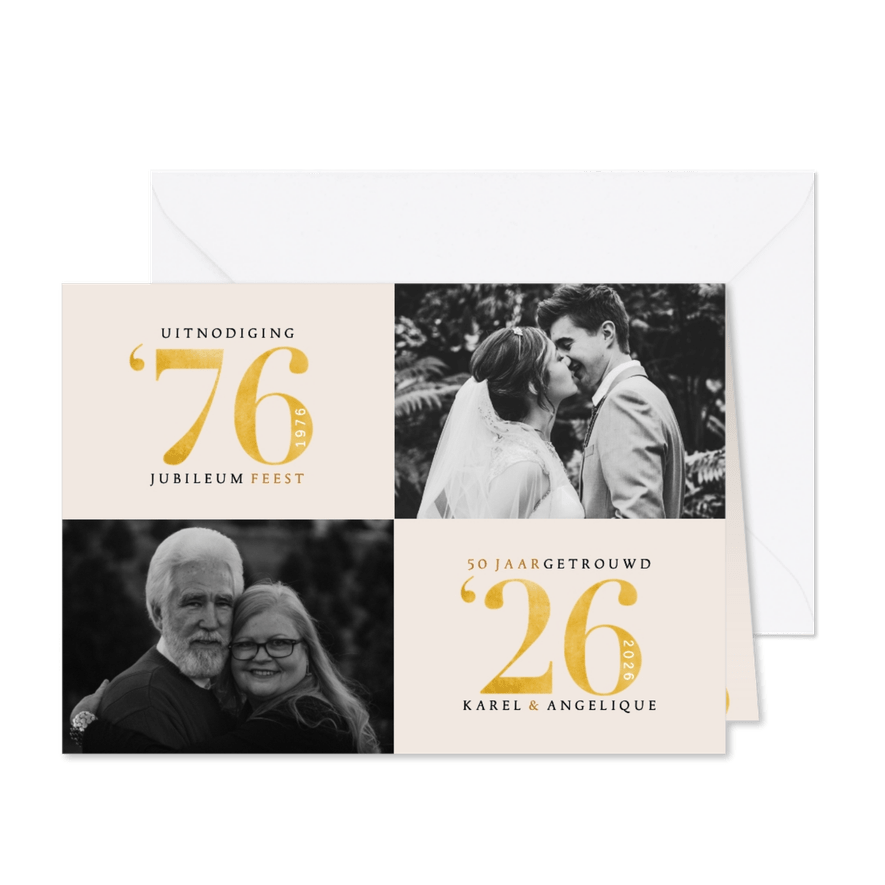 Stijlvolle jubileum uitnodiging met foto's en goudlook - Kaartimpressie