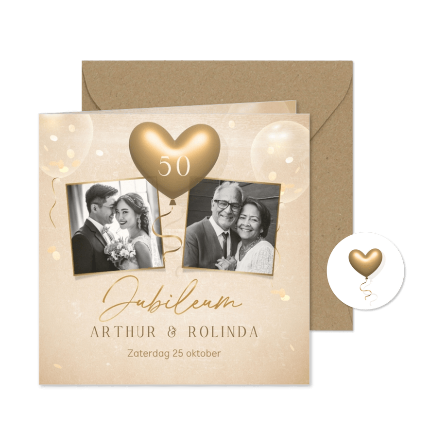 Stijlvolle jubileum uitnodiging met foto's en hartjes ballon - Kaartimpressie