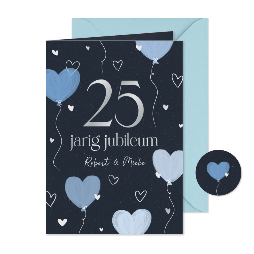 Stijlvolle jubileum uitnodiging met hartjes ballonnen blauw - Kaartimpressie