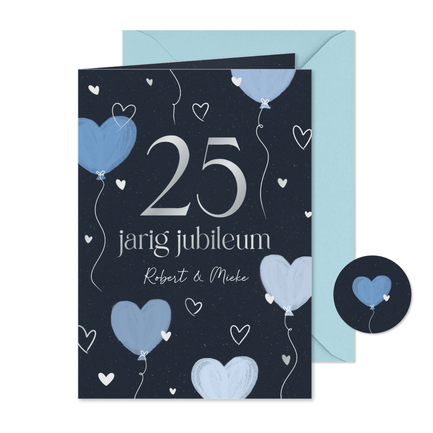Stijlvolle jubileum uitnodiging met hartjes ballonnen blauw - Kaartimpressie