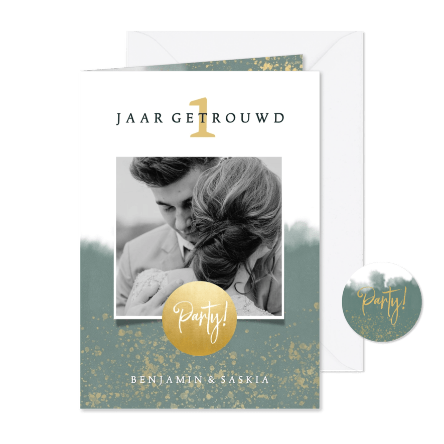 Stijlvolle jubileum uitnodiging met waterverf, goud en foto - Kaartimpressie