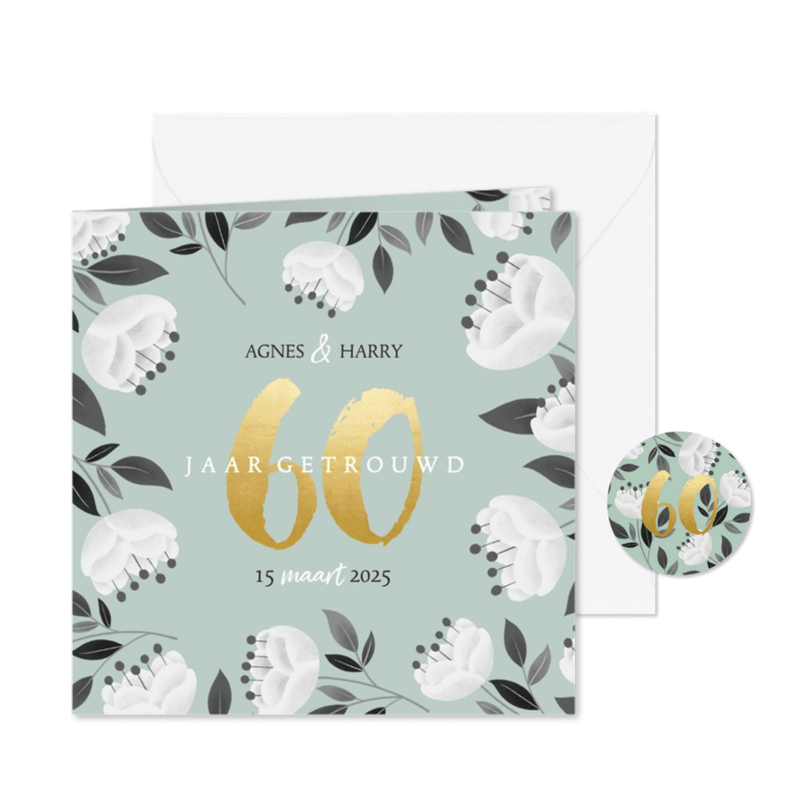 Stijlvolle jubileum uitnodiging witte bloemen en gouden 60 - Kaartimpressie