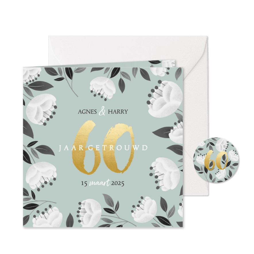 Stijlvolle jubileum uitnodiging witte bloemen en gouden 60 - Kaartimpressie