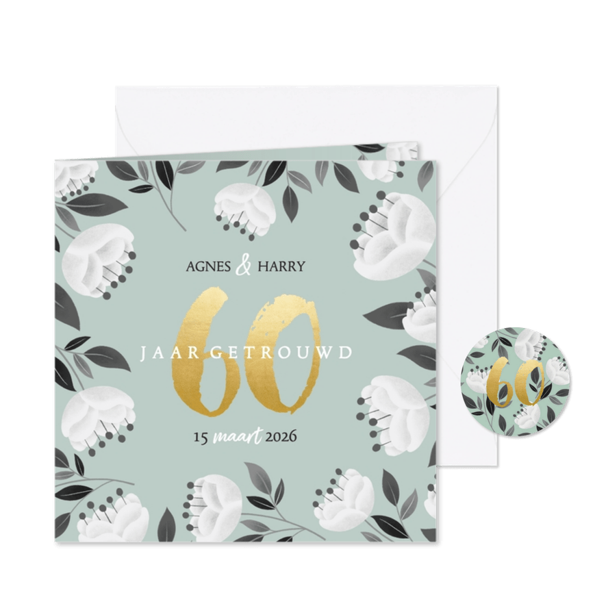 Stijlvolle jubileum uitnodiging witte bloemen en gouden 60 - Kaartimpressie
