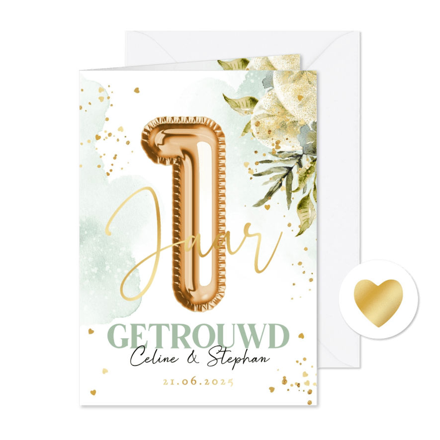 Stijlvolle jubileumkaart 1 jaar getrouwd botanisch goud - Kaartimpressie