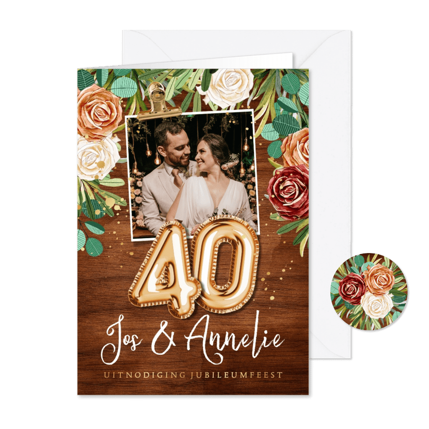 Stijlvolle jubileumkaart 40 jaar getrouwd hout goud - Kaartimpressie