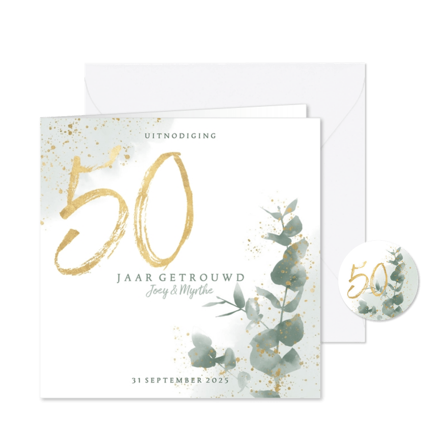 Stijlvolle jubileumkaart 50 jaar waterverf, spetters & takje - Kaartimpressie
