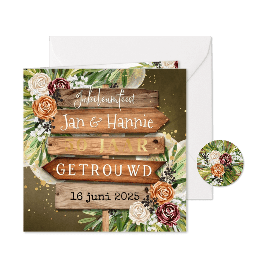 Stijlvolle jubileumkaart 50jaar getrouwd wegwijzer botanisch - Kaartimpressie