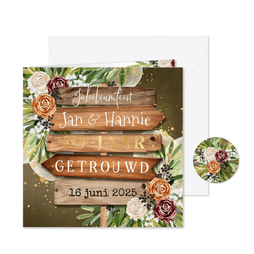 Stijlvolle jubileumkaart 50jaar getrouwd wegwijzer botanisch - Kaartimpressie