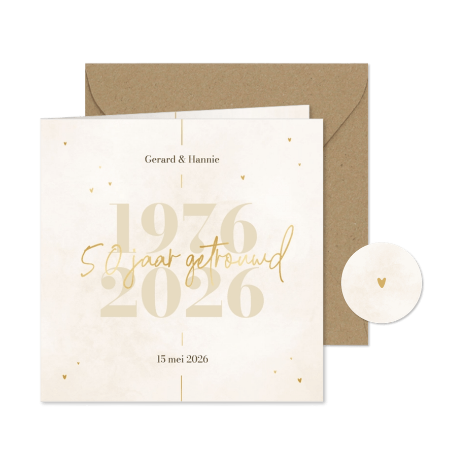 Stijlvolle jubileumkaart beige met gouden details - Kaartimpressie