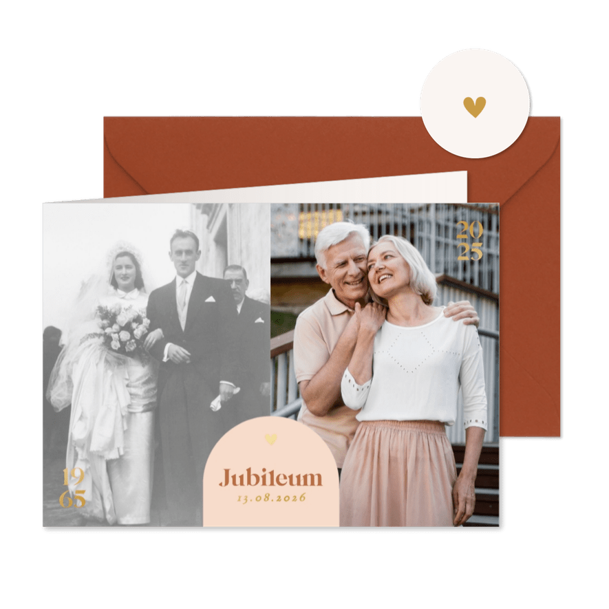 Stijlvolle jubileumkaart met foto's boogje en goudfolie - Kaartimpressie